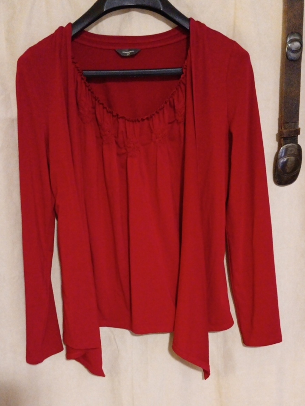 Women's Red Draped Open-Front Long Sleeve Cardigan Tank Set